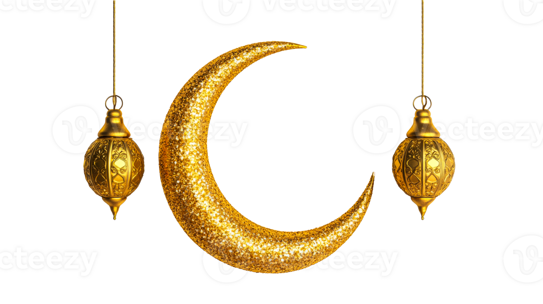 Ramadan crescent moon, lanterns glittering gold decorations, cut out transparent png