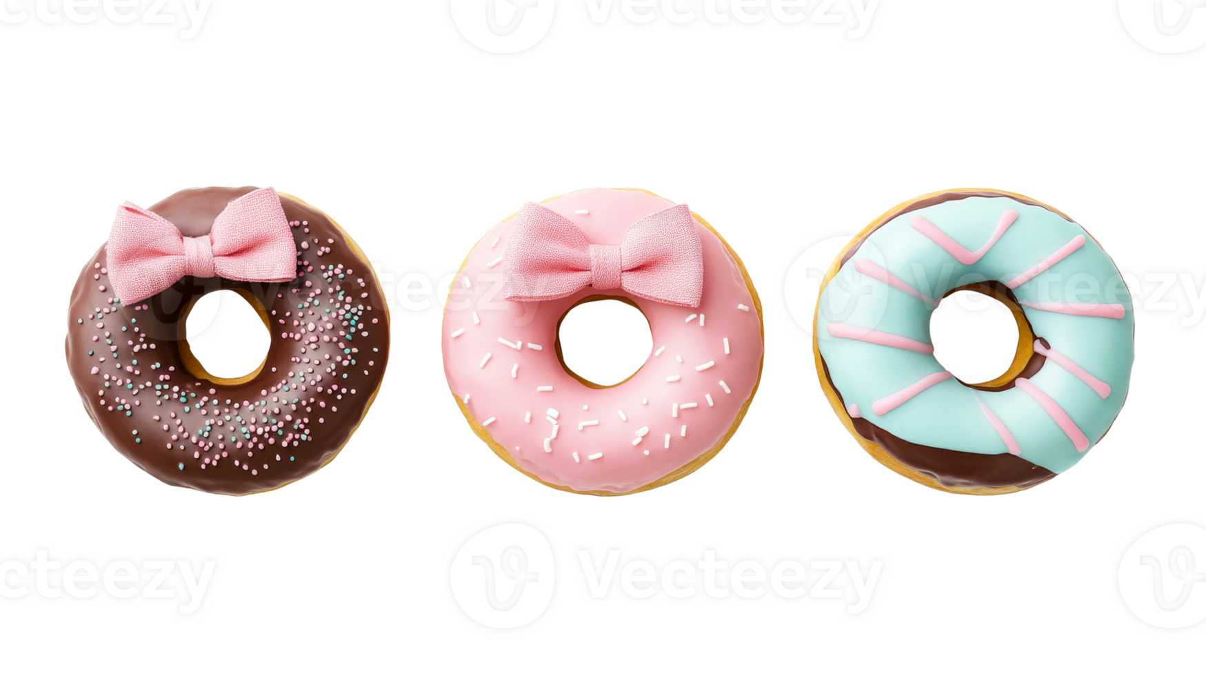Three delicious donuts with bows, confectionery, background, cut out transparent png