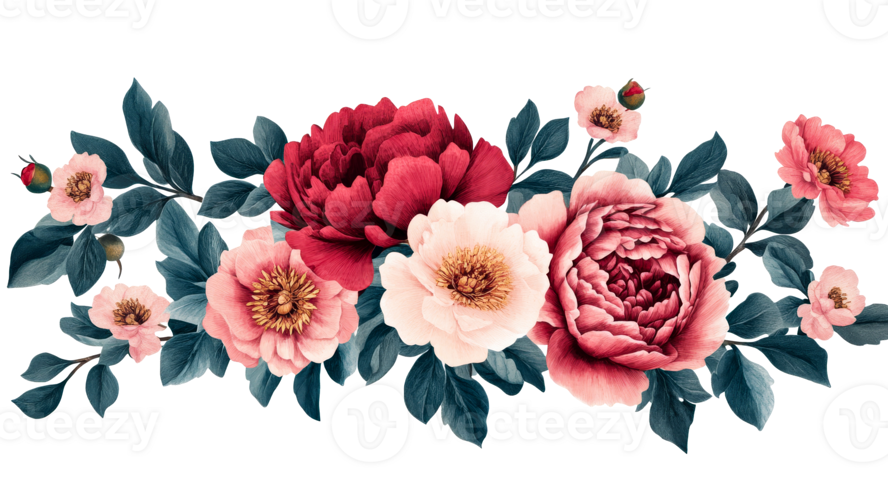 Lush peony flower arrangement with leaves in full bloom, cut out transparent png