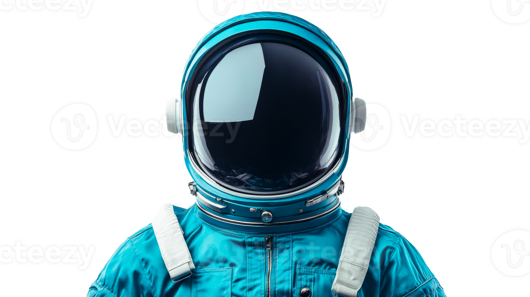 Teal astronaut helmet, suit detailed shot, isolated on black, cut out transparent png