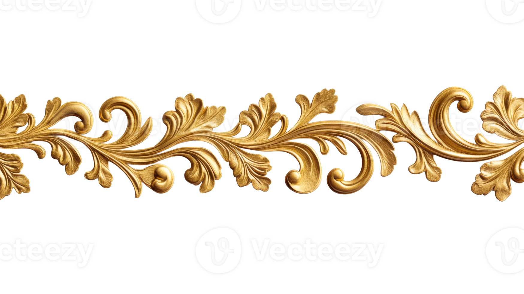 Golden baroque element on black background, isolated, cut out transparent png