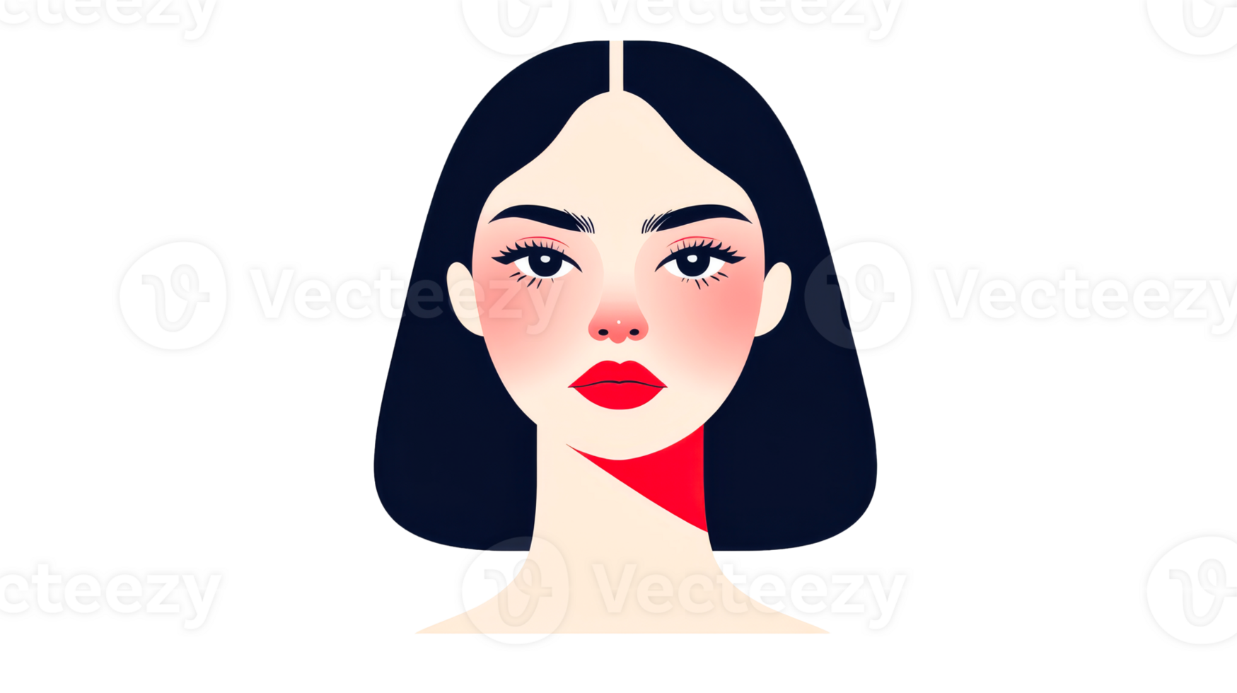 Brunette portrait with red lips, red spot on neck, cut out transparent png