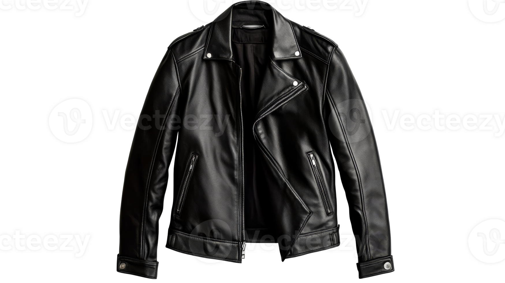 Black leather jacket with zipper, cut out transparent png