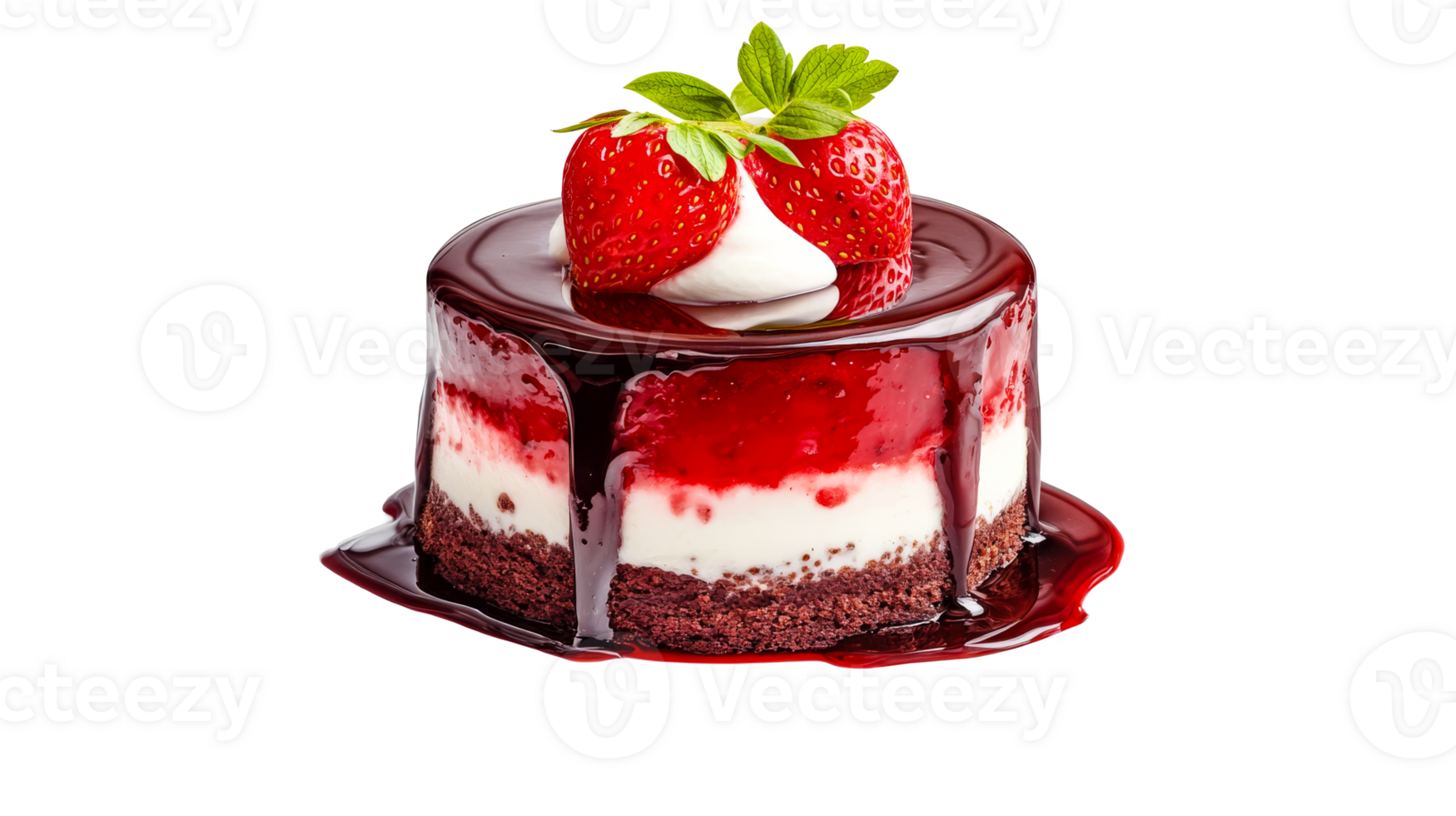Delicious strawberry dessert, chocolate glaze on black background, cut out transparent png