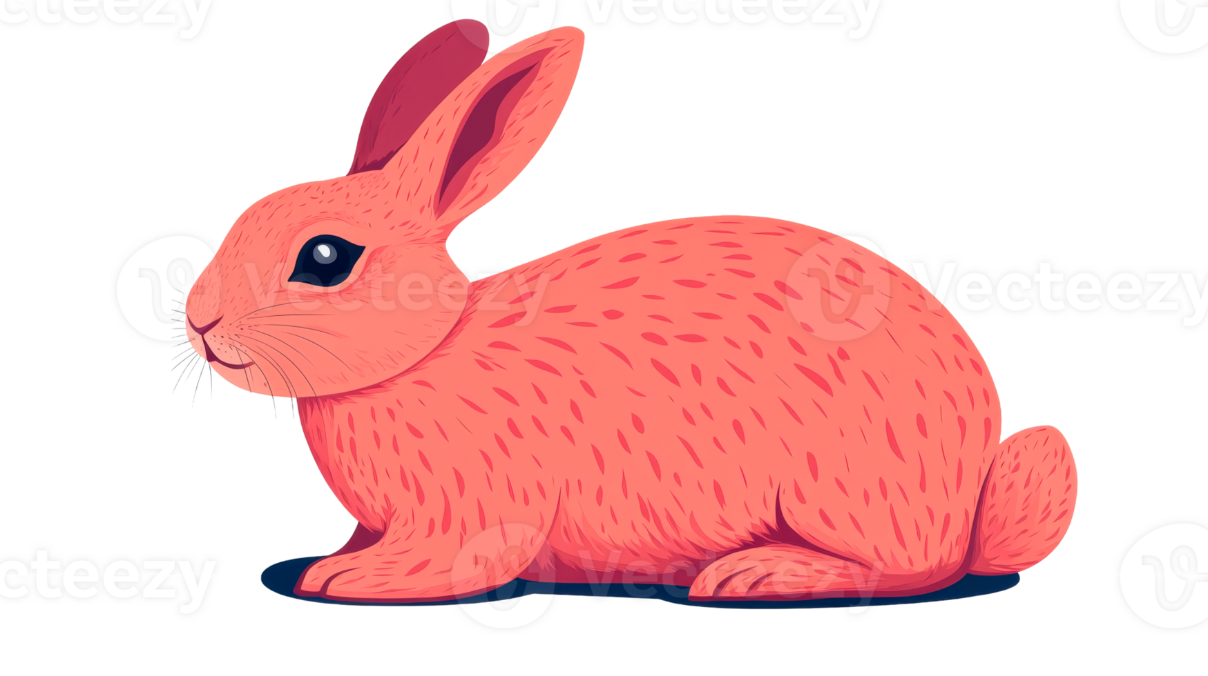Pink rabbit is lying down, isolated on black background, cut out transparent png