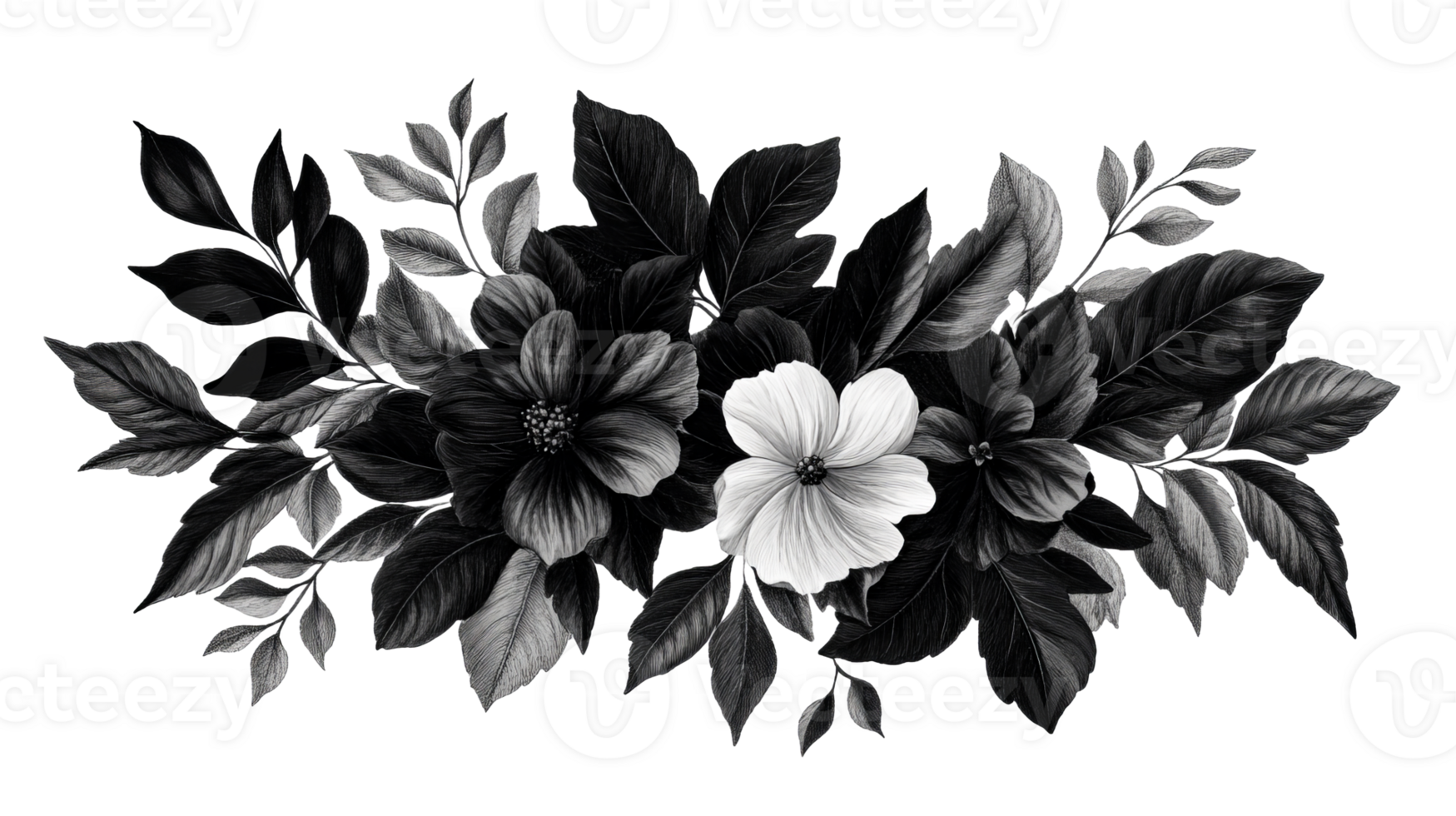 Elegant monochrome floral arrangement with leaves and flowers, cut out transparent png