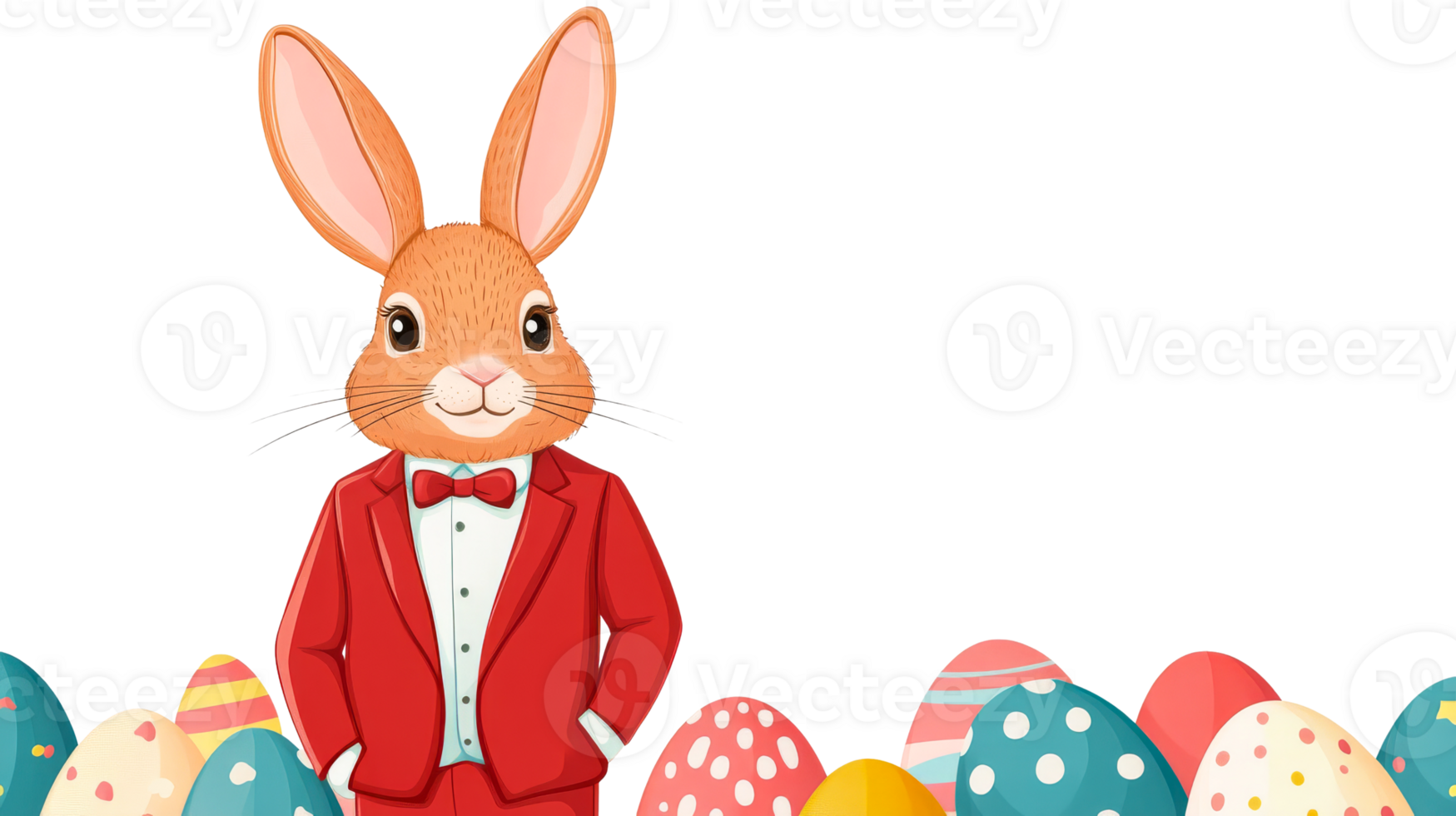 Easter Bunny with Eggs in Red Suit and Bowtie, cut out transparent png