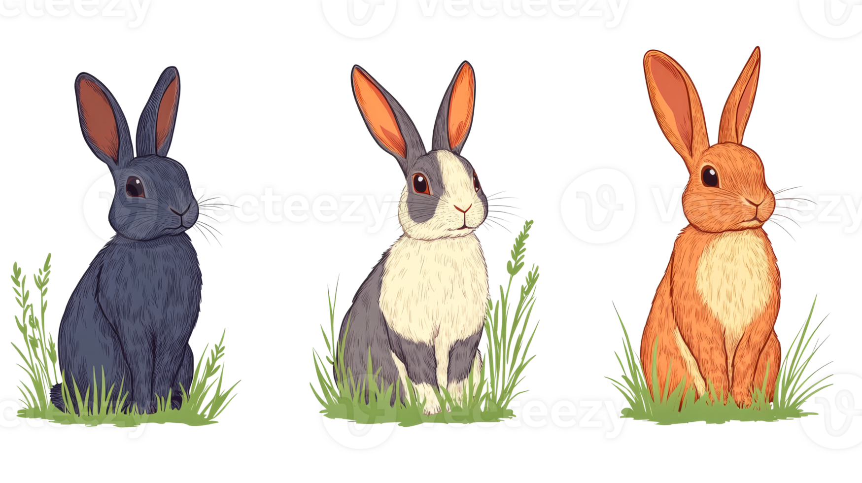 Three colorful rabbits with grass on black background, cut out transparent png