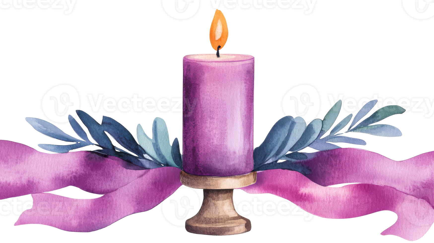 Elegant purple candle with ribbon and leaves decoration, cut out transparent png