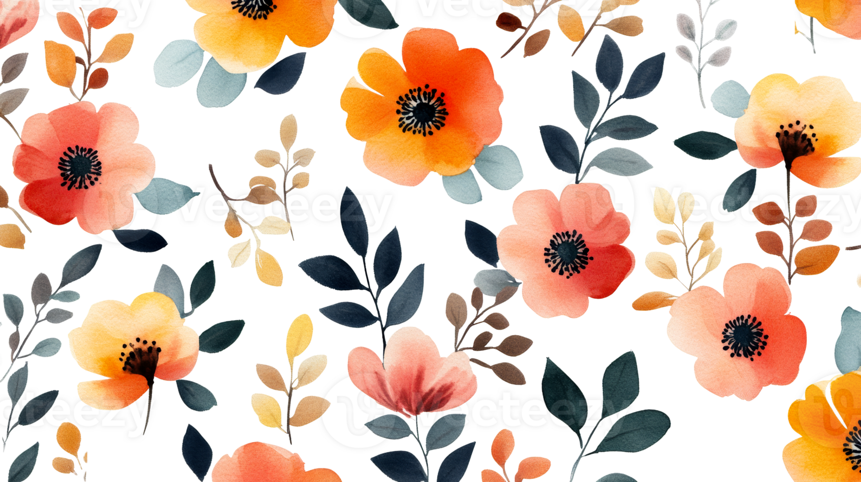 Watercolor floral pattern with poppies and leaves, black background, cut out transparent png