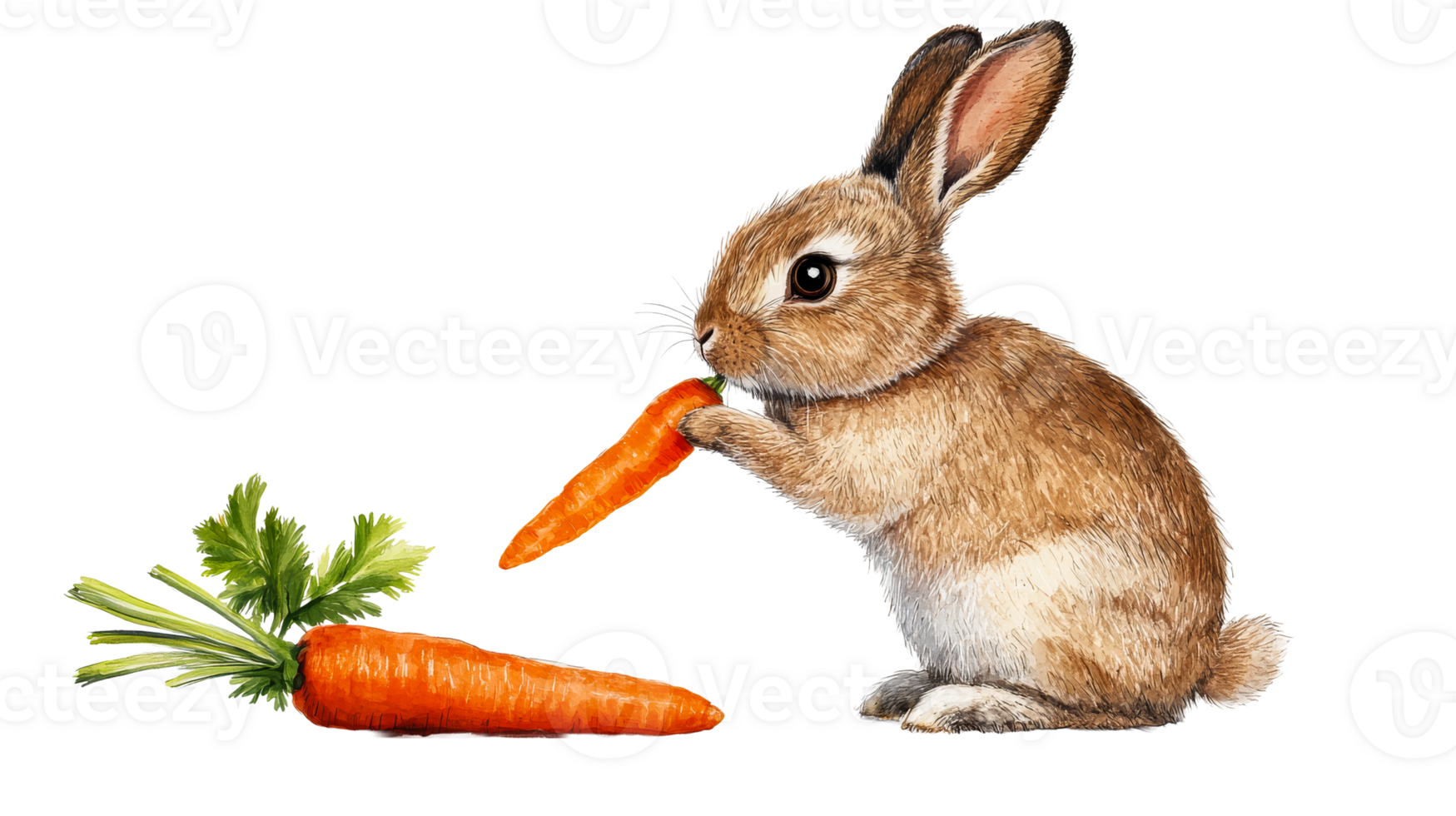 Rabbit eating a carrot with another one nearby, cut out transparent png