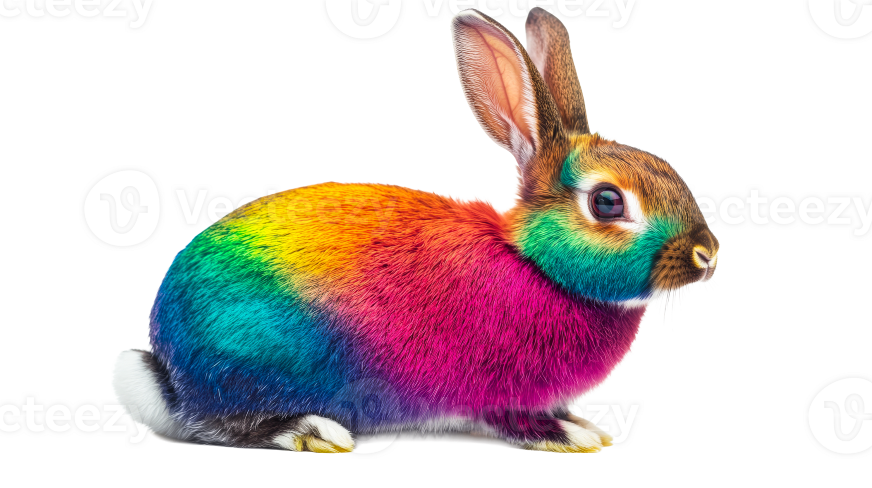 Colorful rainbow rabbit, unique bunny with vibrant fur, cut out transparent png