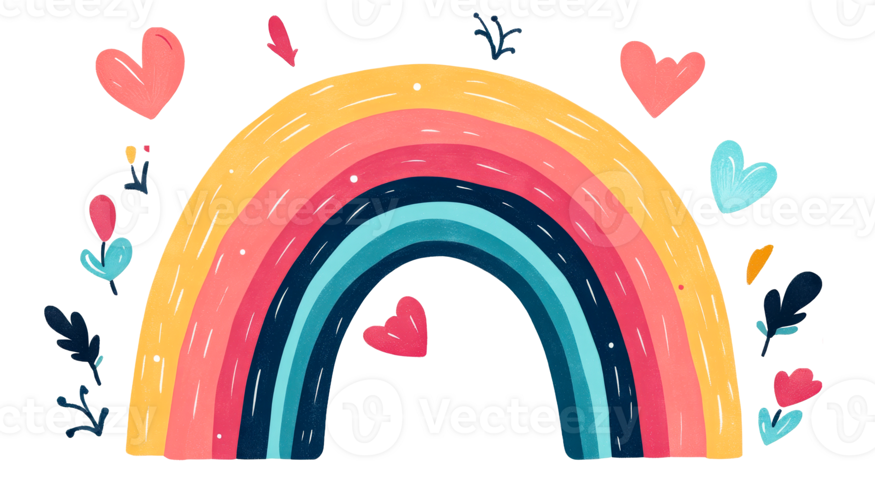 Colorful rainbow with hearts and plants illustration, cut out transparent png