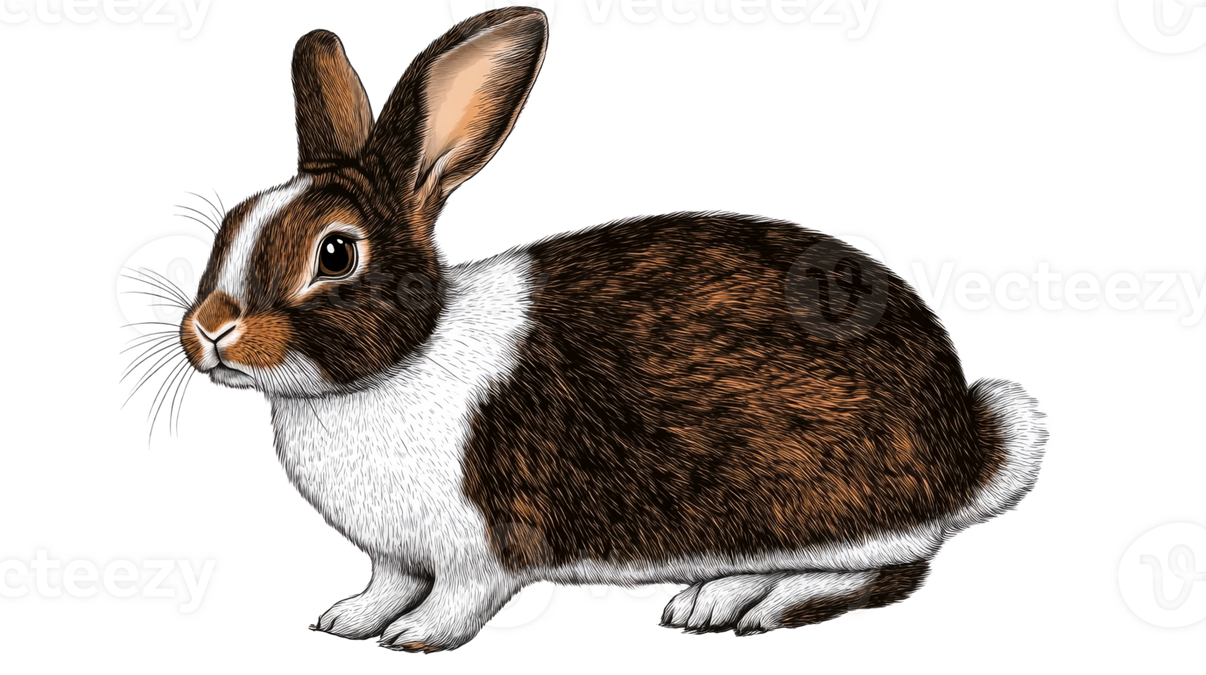 Rabbit with brown fur and white markings, illustration, cut out transparent png