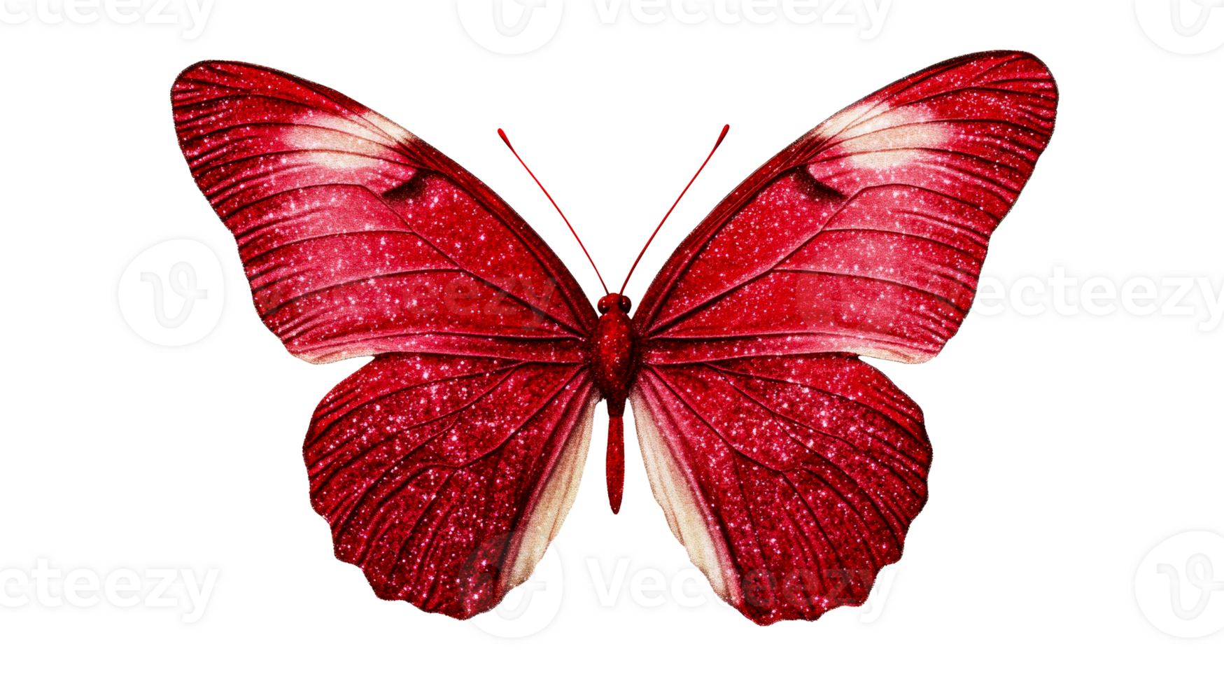Red sparkling butterfly with open wings on black background, cut out transparent png
