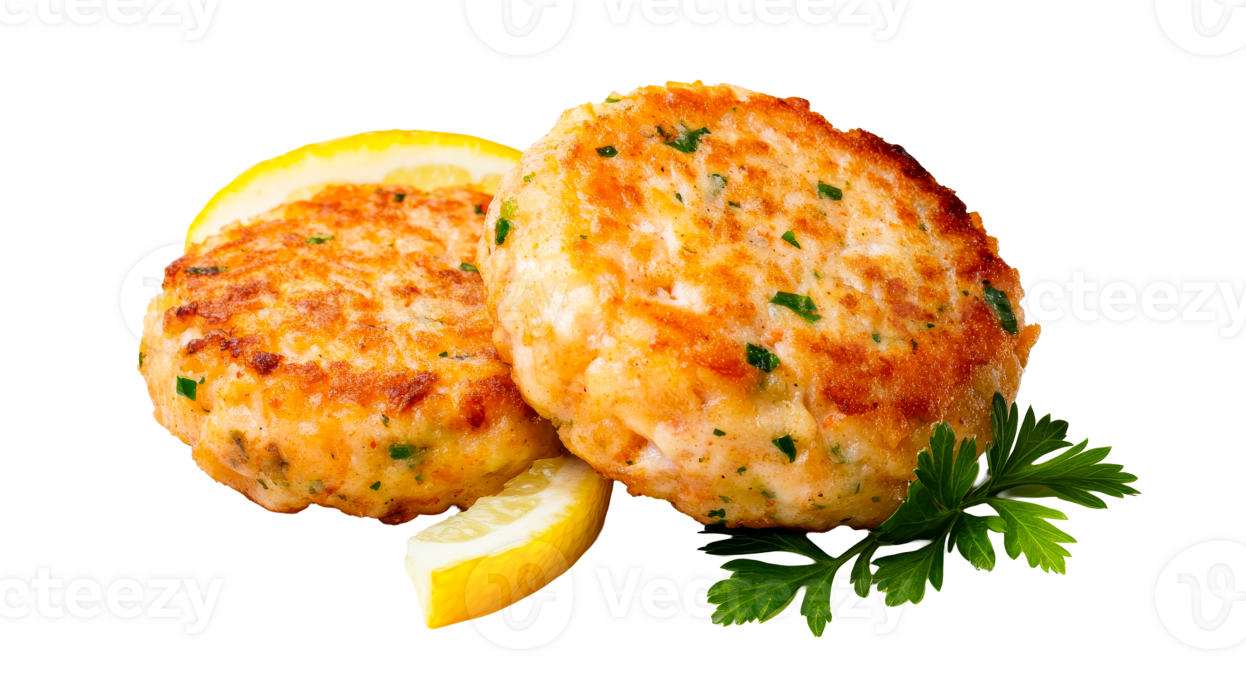 Two fried cutlets with lemon and parsley, cut out transparent png