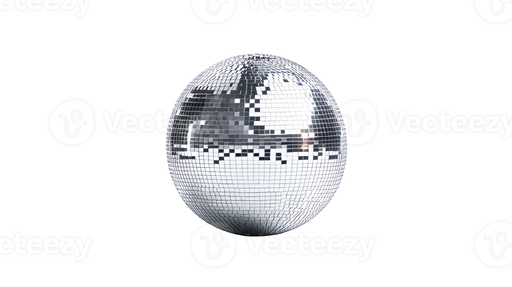 Shiny disco ball reflects light on black background, cut out transparent png