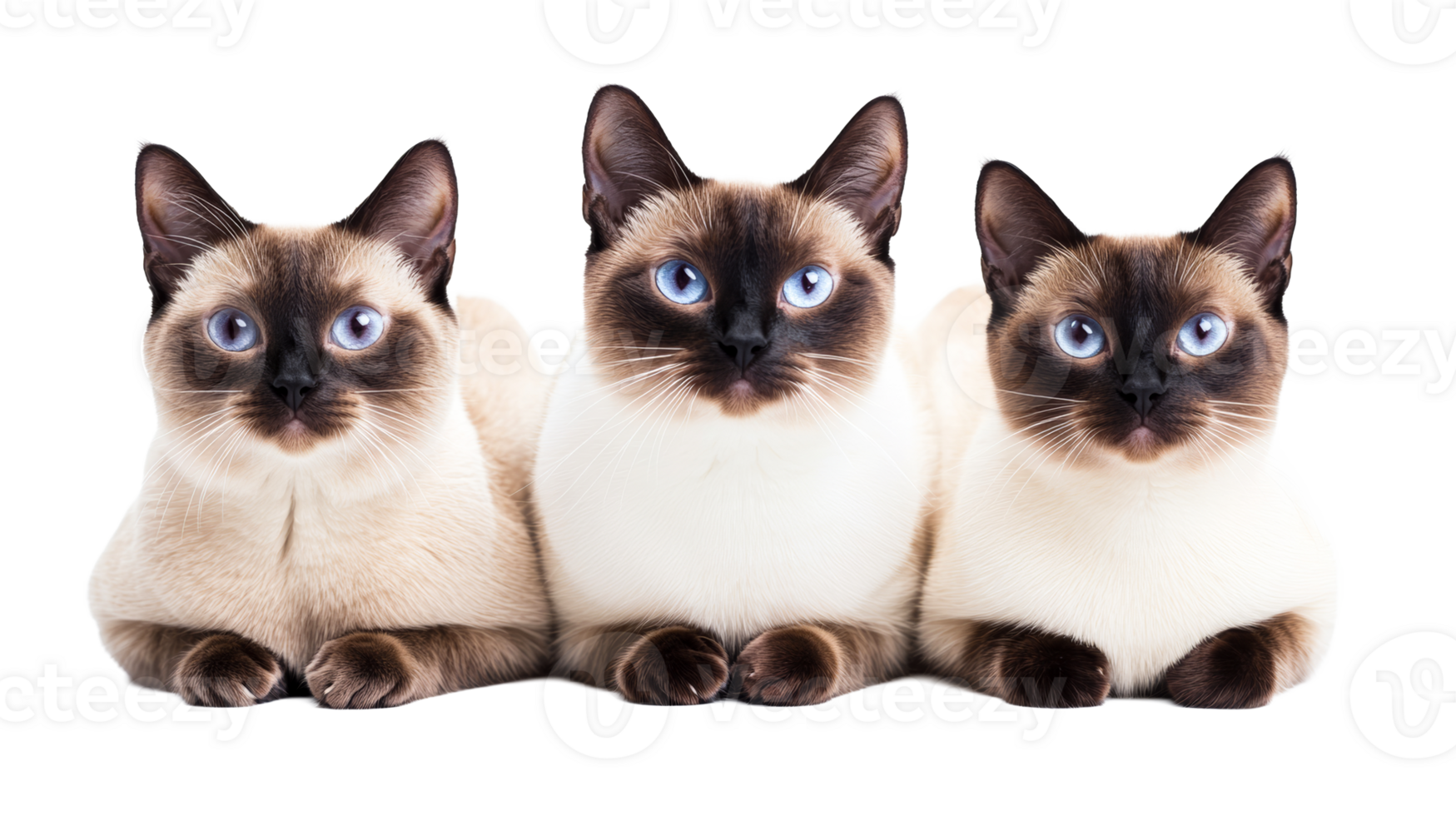 Three Siamese cats are lying side by side, animals, cut out transparent png