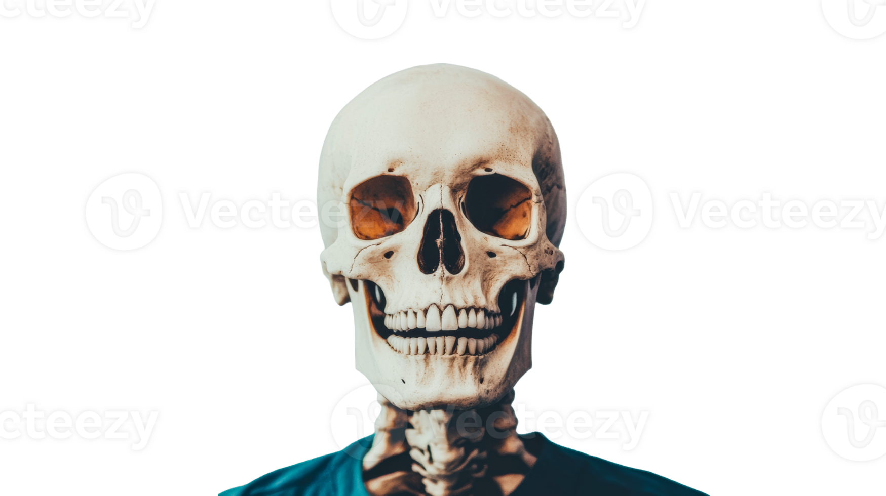 Detailed skeletal skull with teeth against black background, cut out transparent png