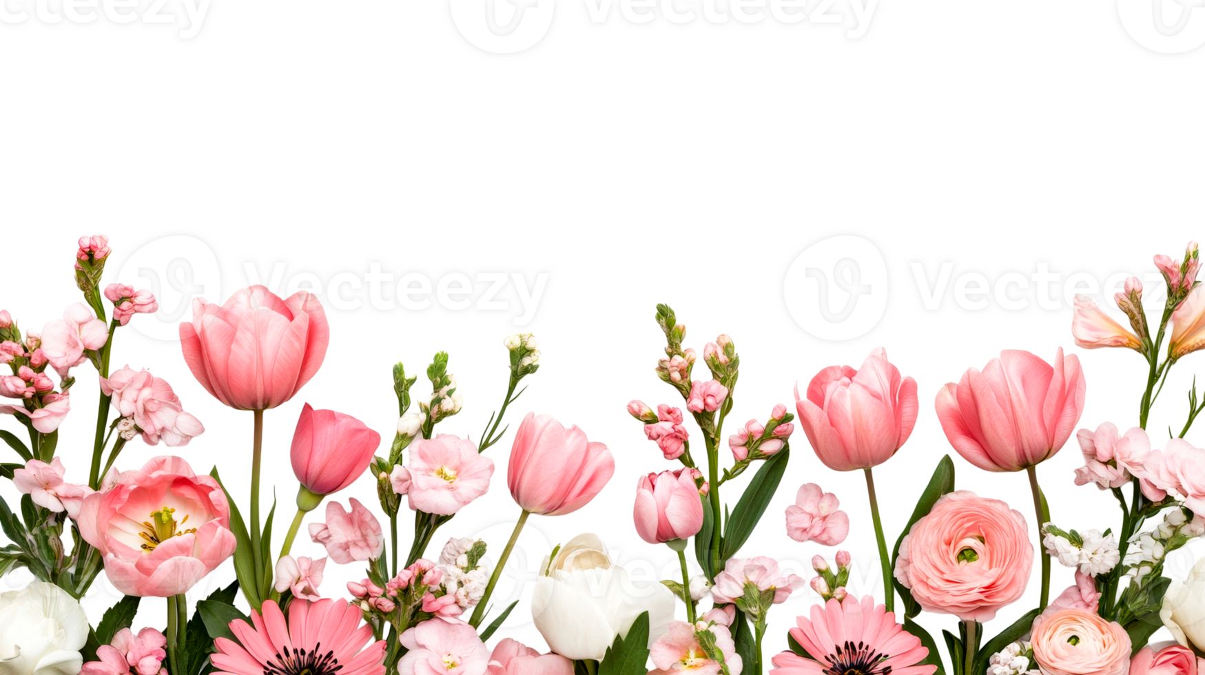 Pink tulips and anemones composition, floral frame element, cut out transparent png