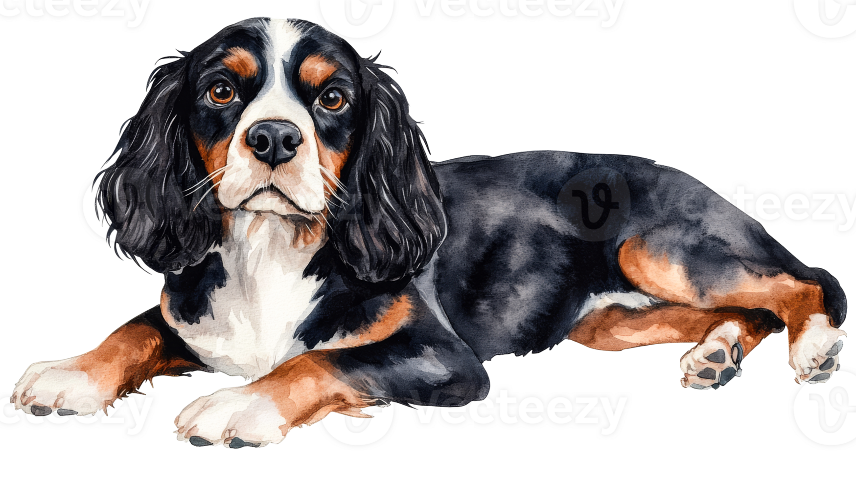 Watercolor dog laying, tri-color Cavalier King Charles Spaniel, cut out transparent png