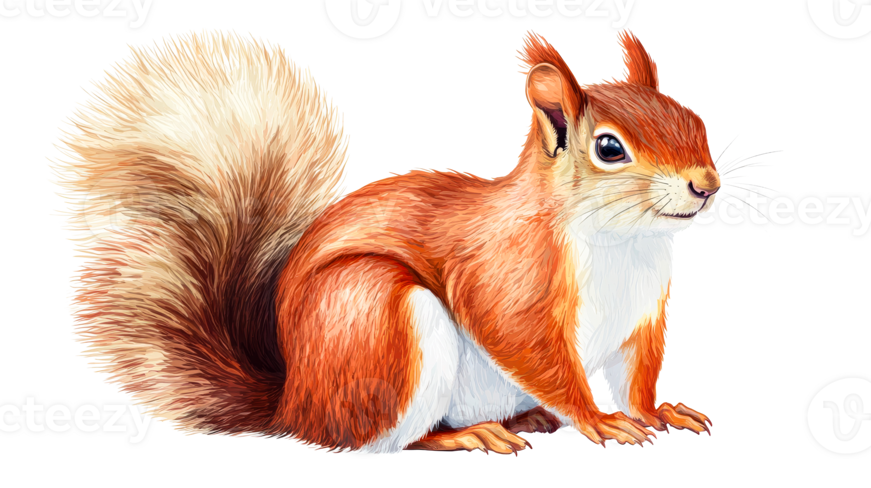 Orange squirrel illustration, furry tail, sitting pose, looking right, cut out transparent png