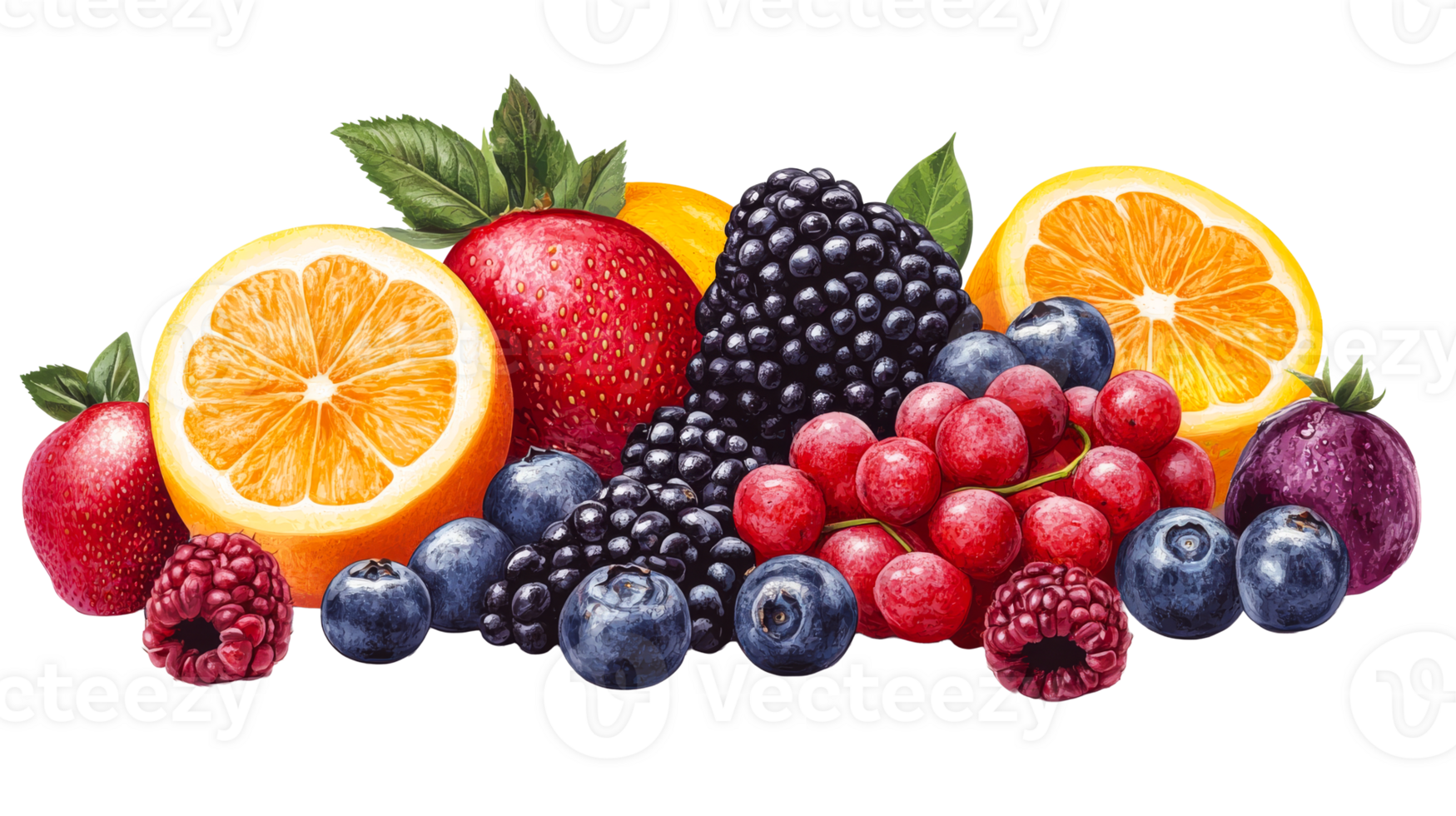 Vivid berry and fruit collection, close-up arrangement, cut out transparent png