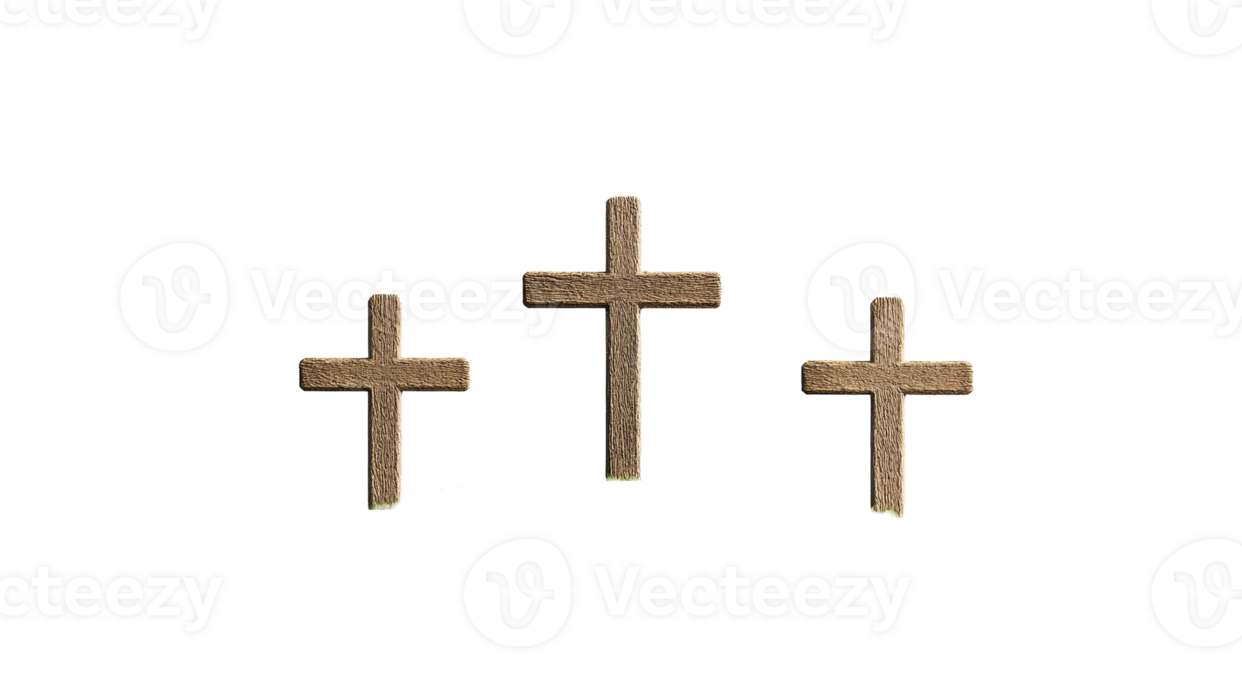 Three rustic wooden crosses stand on a grassy mound, cut out transparent png