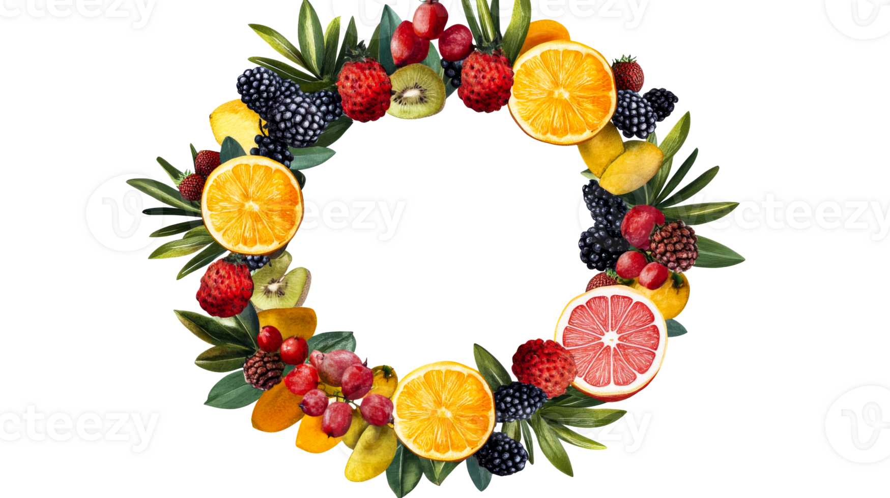 Colorful fruit and leaf wreath, isolated freshness, vitamins, healthy, cut out transparent png