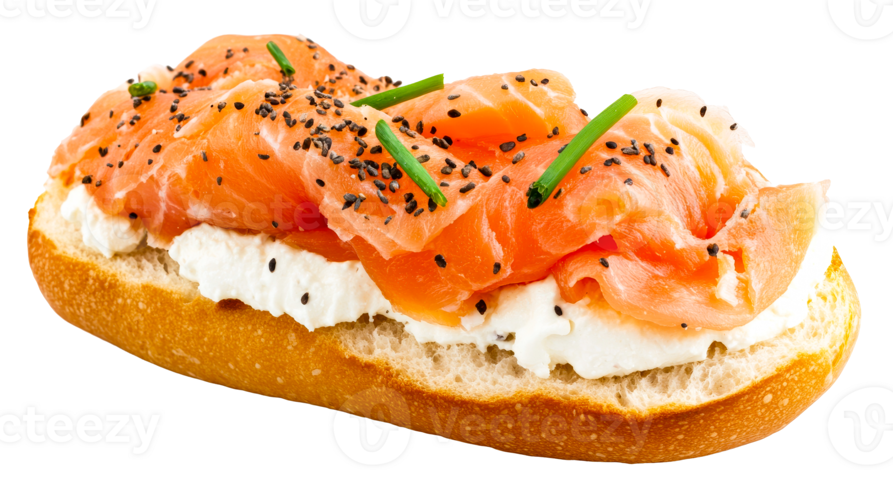 Open sandwich with salmon, cheese, chives, sesame, appetizer, cut out transparent png