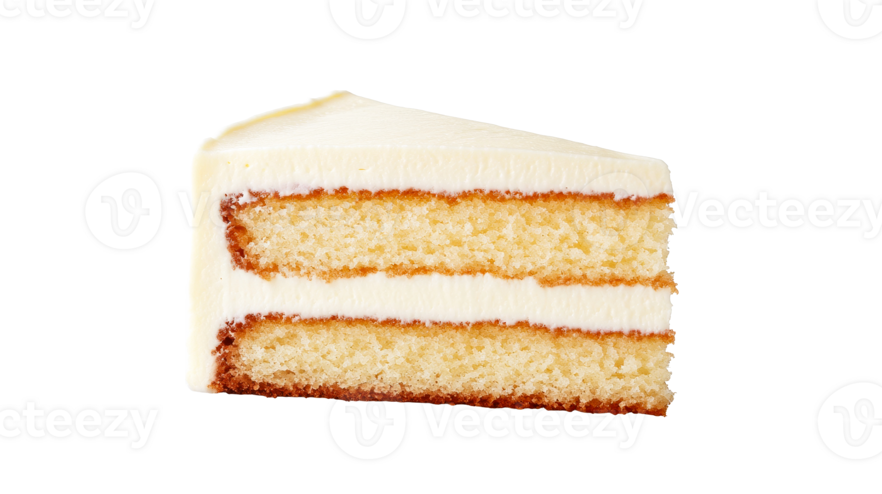 Slice of vanilla cake with frosting, cut out transparent png