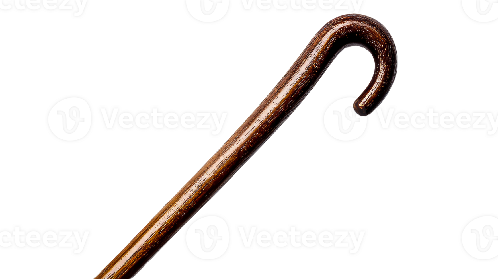 Wooden walking stick, shiny lacquered cane with a curved handle, cut out transparent png