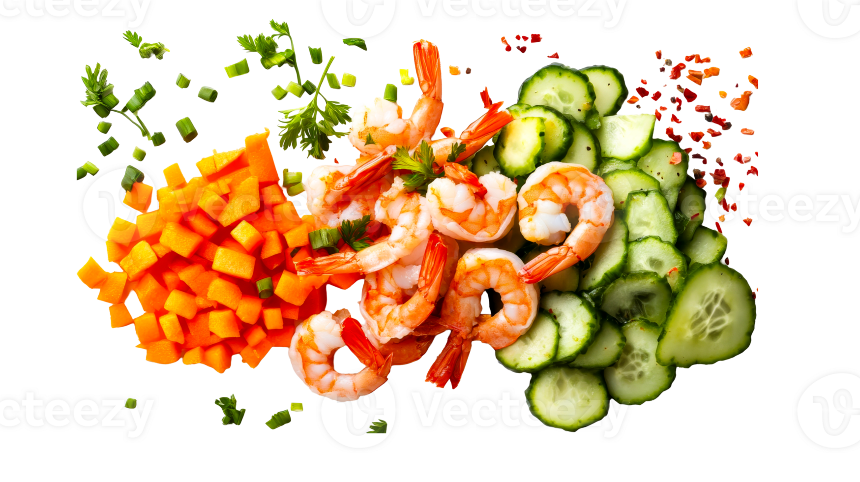 Fresh shrimp, diced pumpkin and cucumber, black background, cut out transparent png