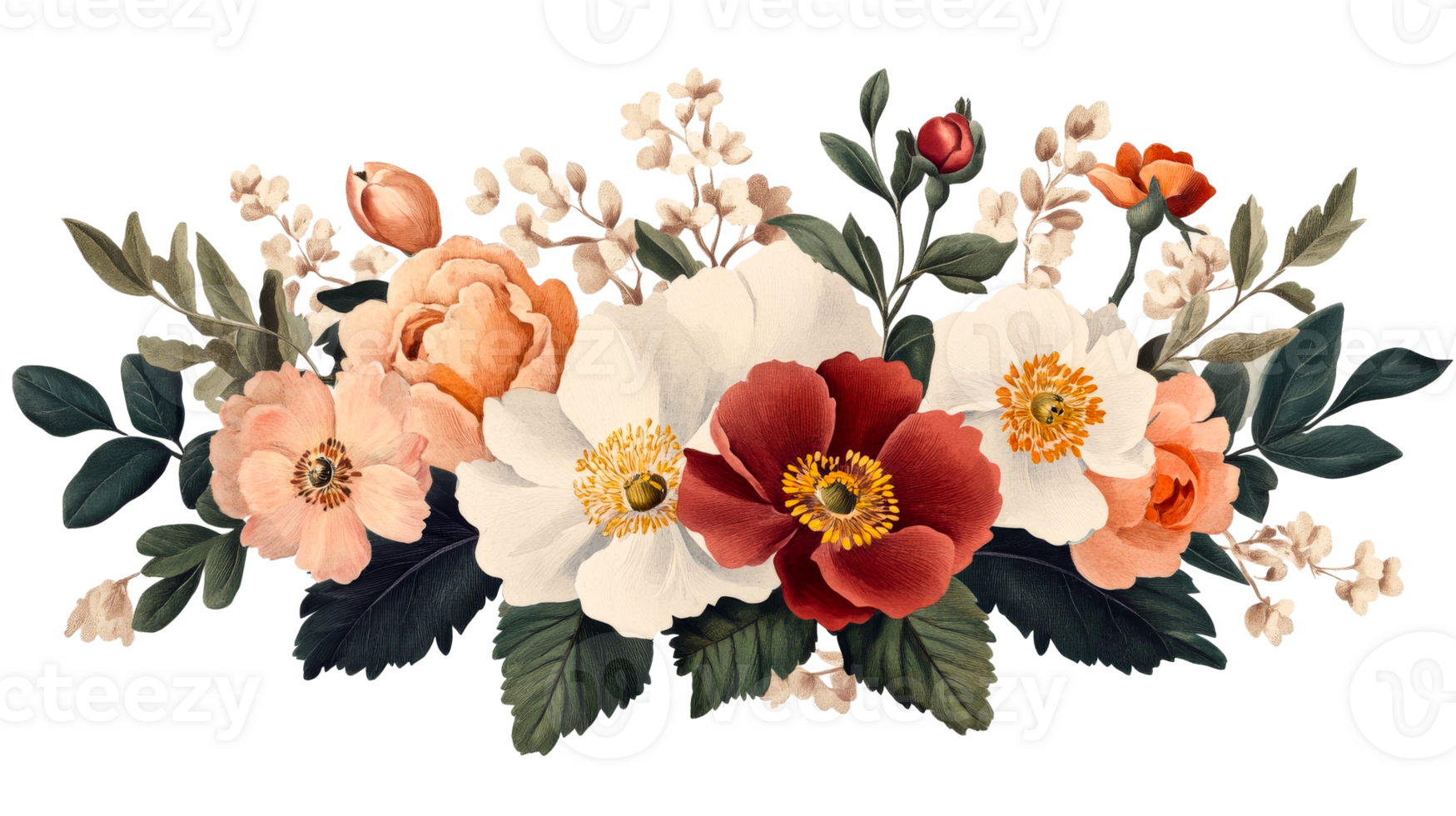 Floral Arrangement of Roses and Poppies, cut out transparent png