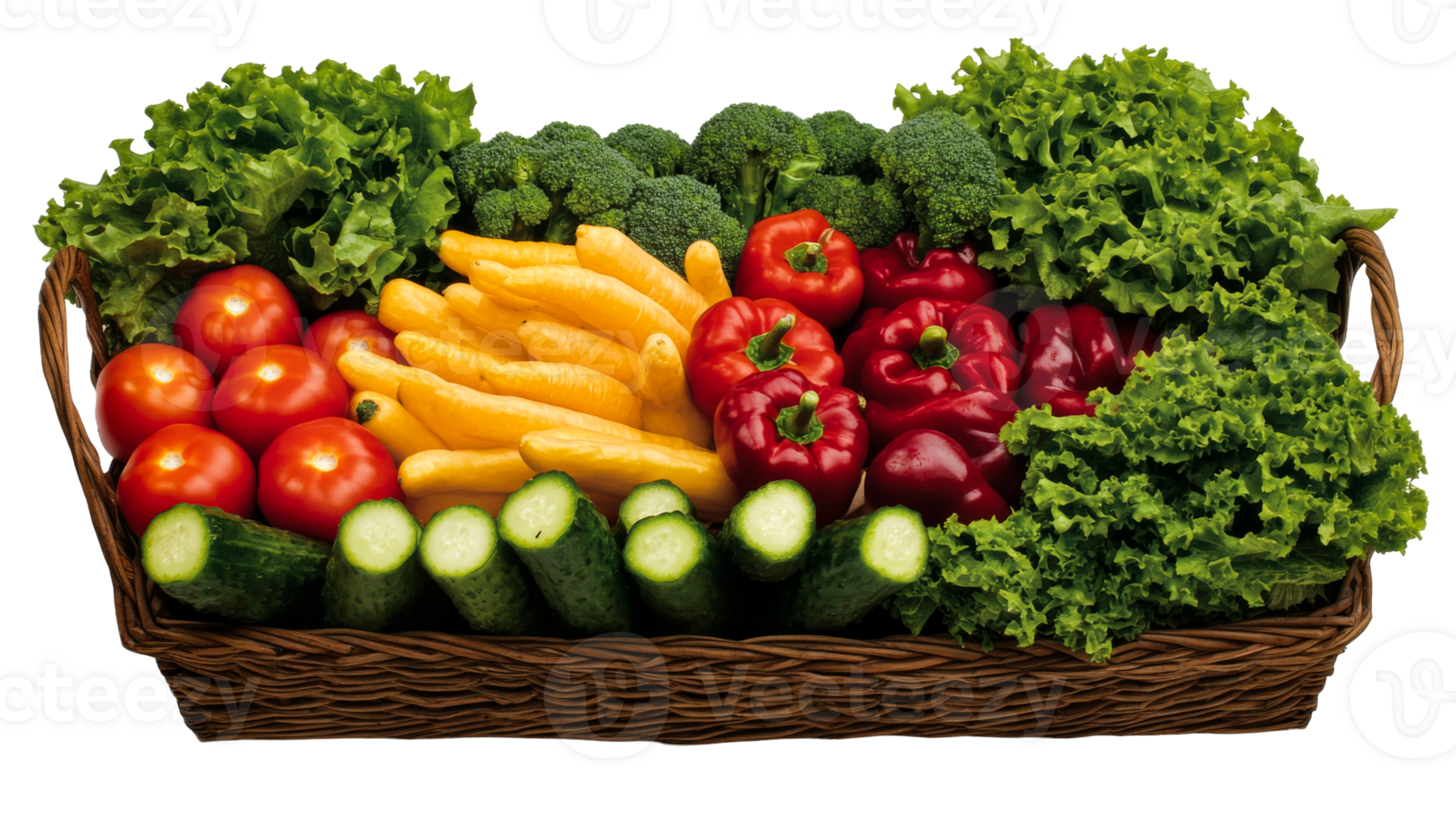 Fresh vegetables in wicker basket arrangement, isolated, cut out transparent png