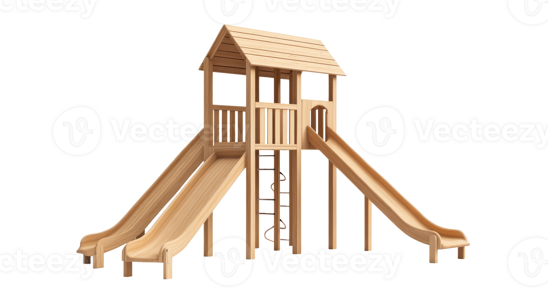 Two-Slide Wooden Playset Structure, Black Background, cut out transparent png