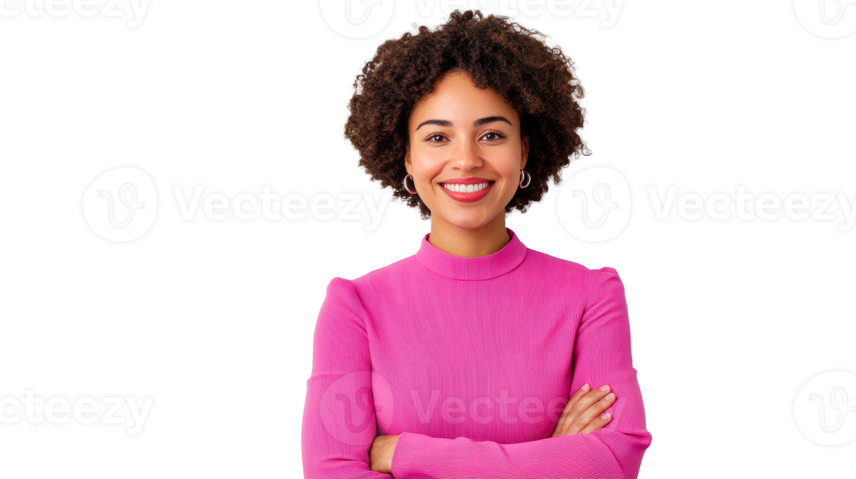Smiling African-American woman with crossed arms in pink top, cut out transparent png