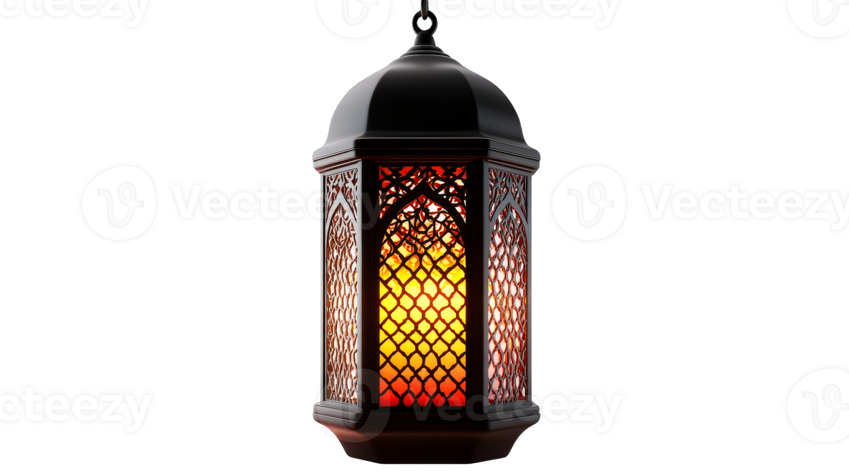 Ornate Ramadan lantern with glowing candle inside, cut out transparent png