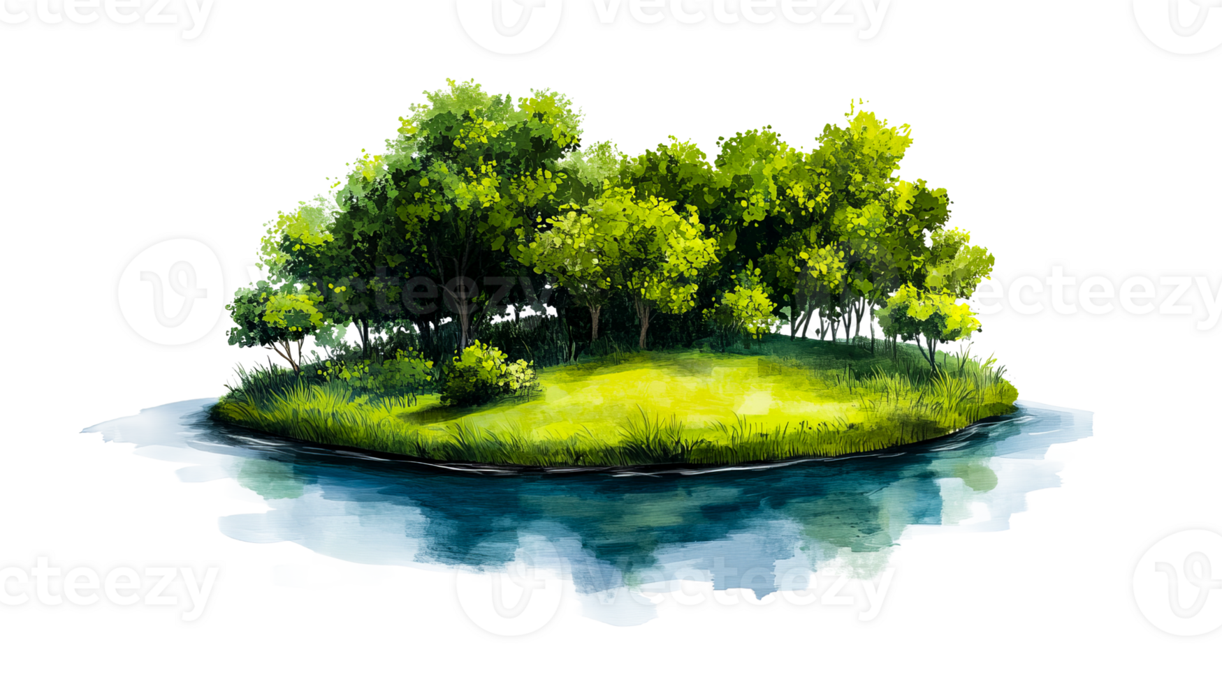 Island with green trees on water, scenic watercolor nature, cut out transparent png