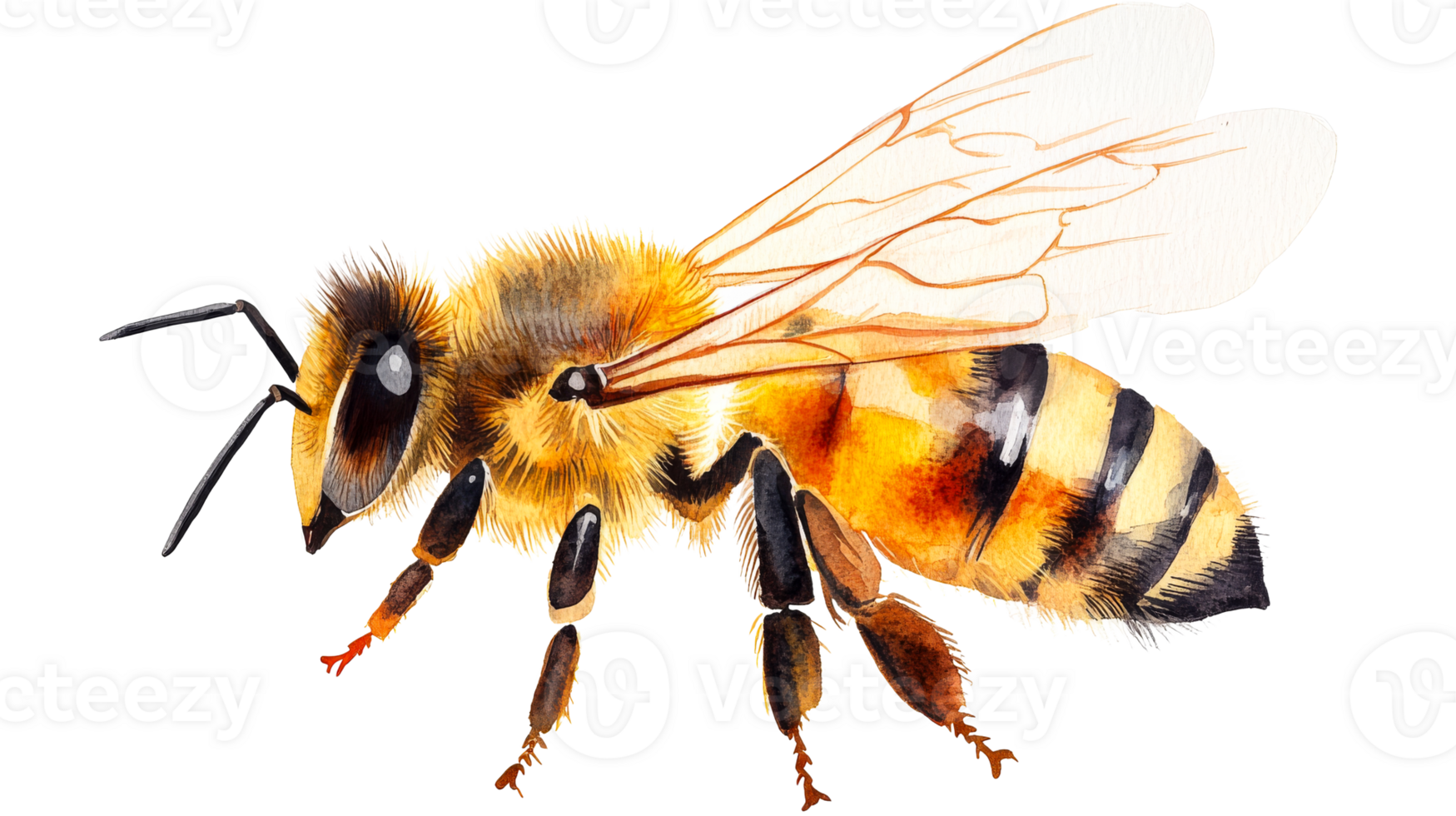 Honeybee watercolor illustration, isolated honeybee, detailed honeybee, cut out transparent png