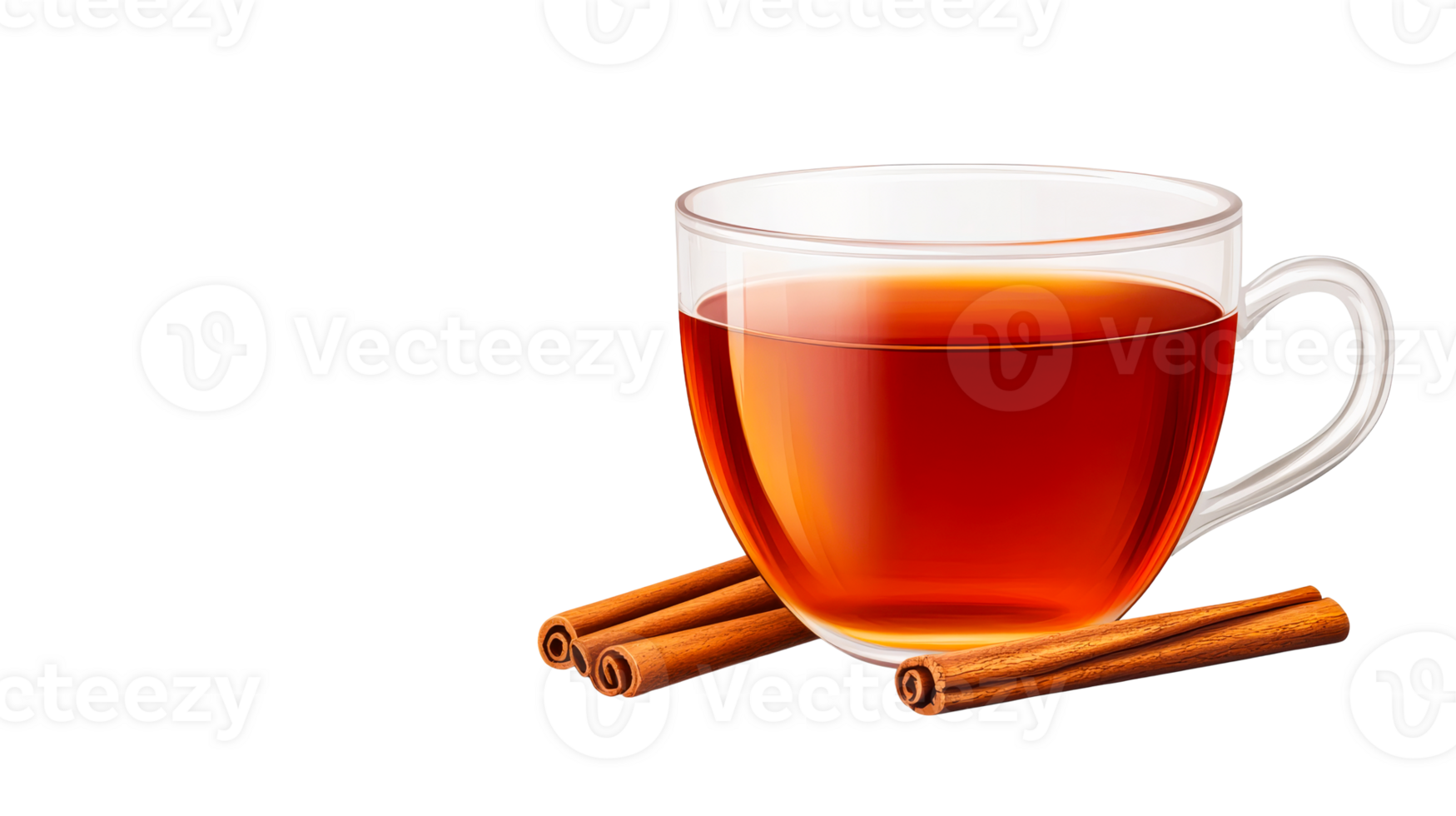 Glass mug with tea and cinnamon sticks, aromatic drink, cut out transparent png
