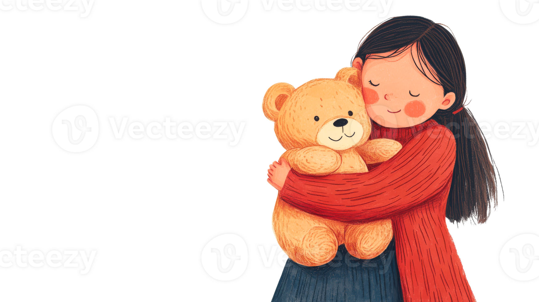 Girl hugging teddy bear in warm sweater, friendship moment, cut out transparent png