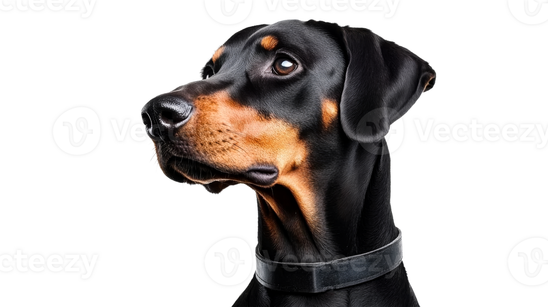 Regal doberman portrait with black and tan markings, cut out transparent png