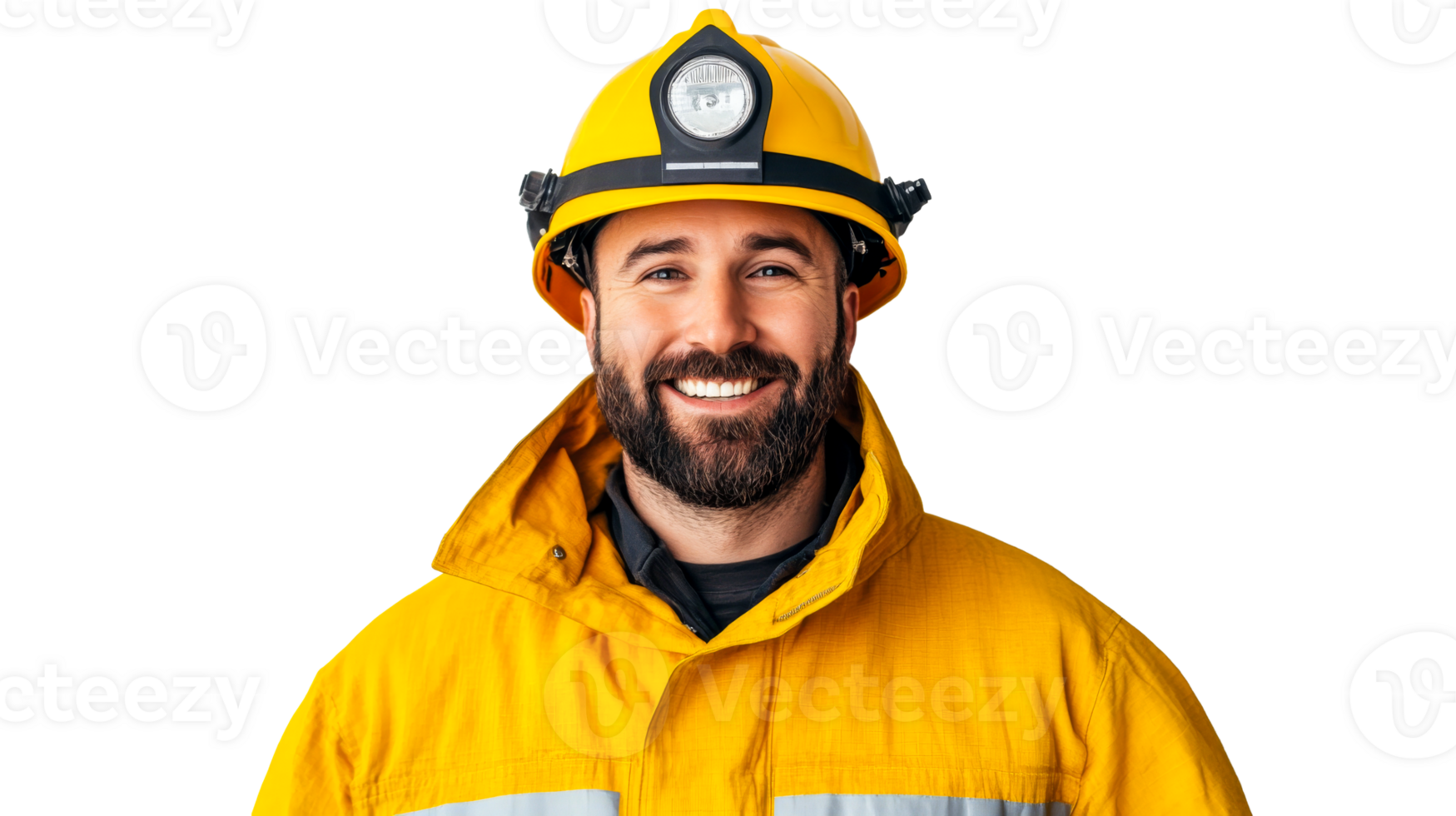 Man in yellow helmet, workwear smiles, confident look, cut out transparent png