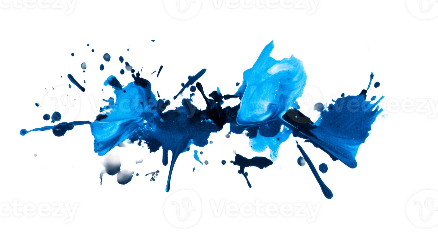 Blue ink splashes design with artistic texture details, cut out transparent png