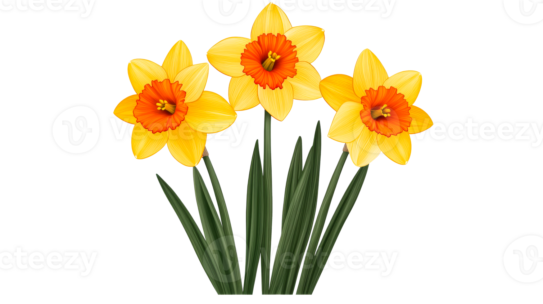 Three vibrant daffodils in full bloom on black, cut out transparent png