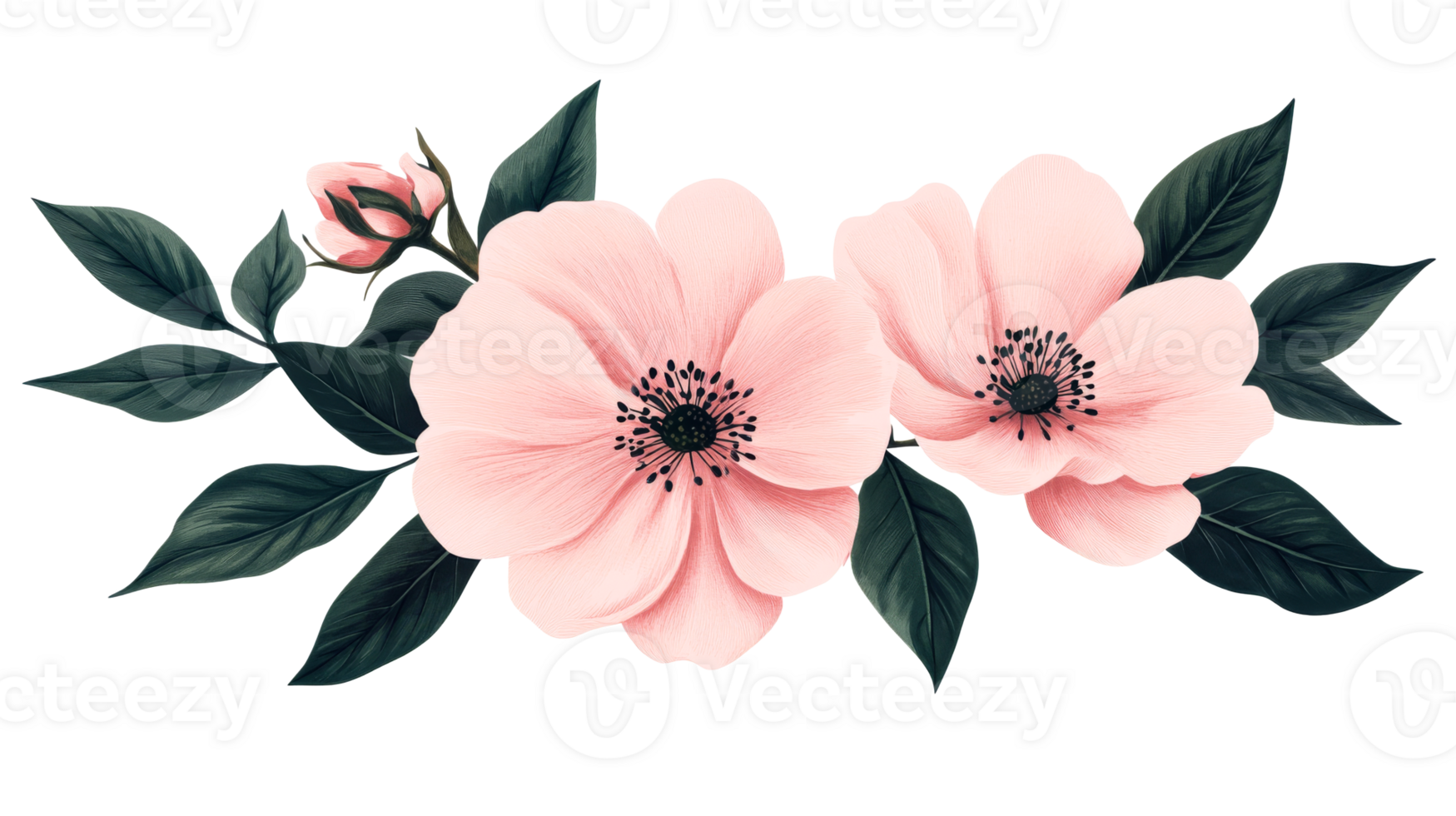 Pink Flowers Arrangement with Leaves on Black Background, cut out transparent png