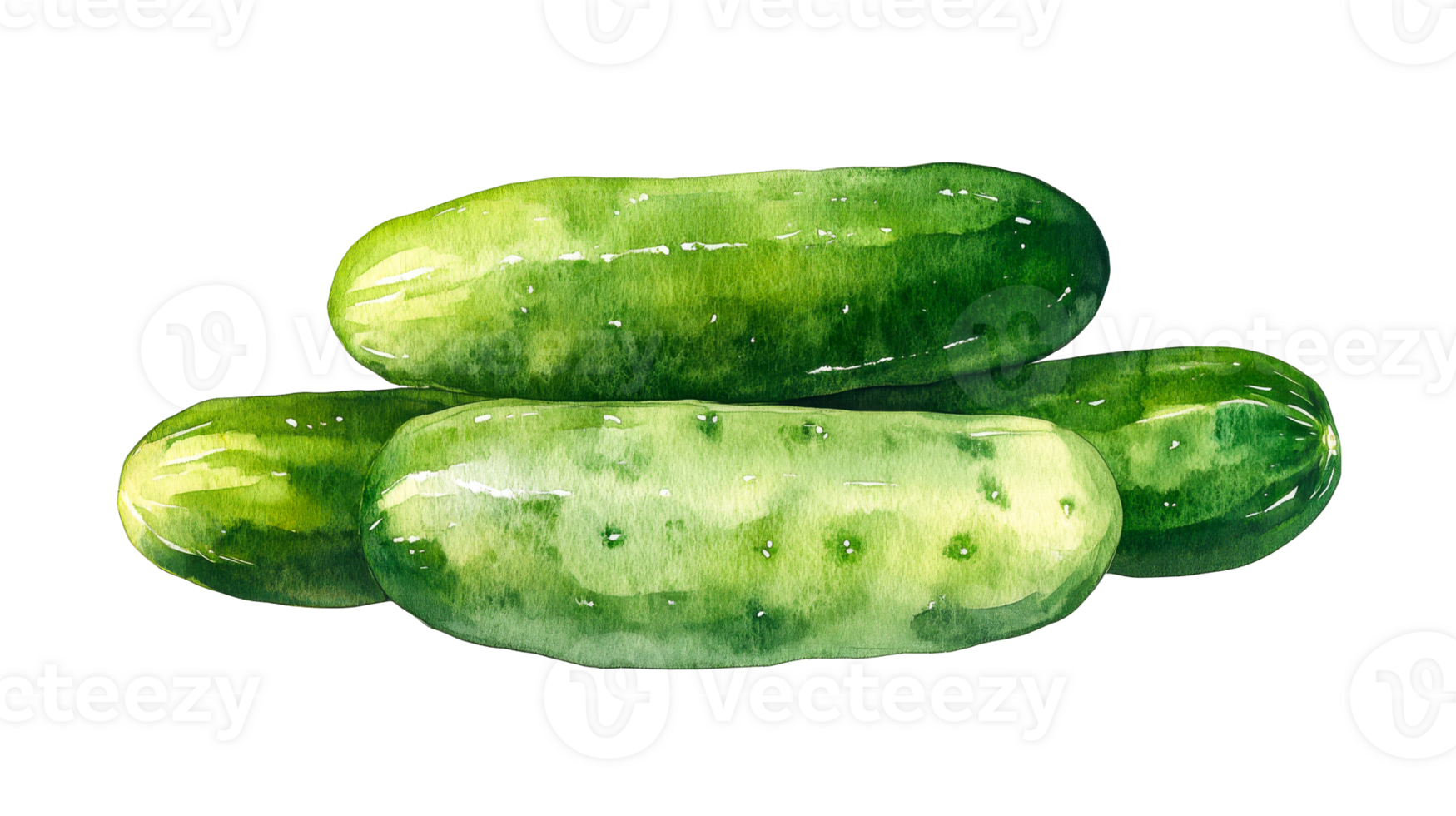 Fresh green cucumbers stacked, watercolor illustration, cut out transparent png