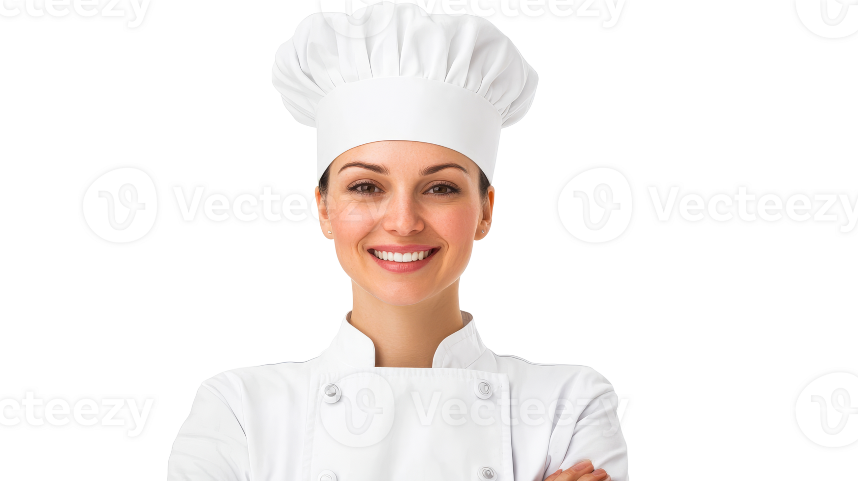 Smiling female chef in uniform and toque, studio shot, cut out transparent png
