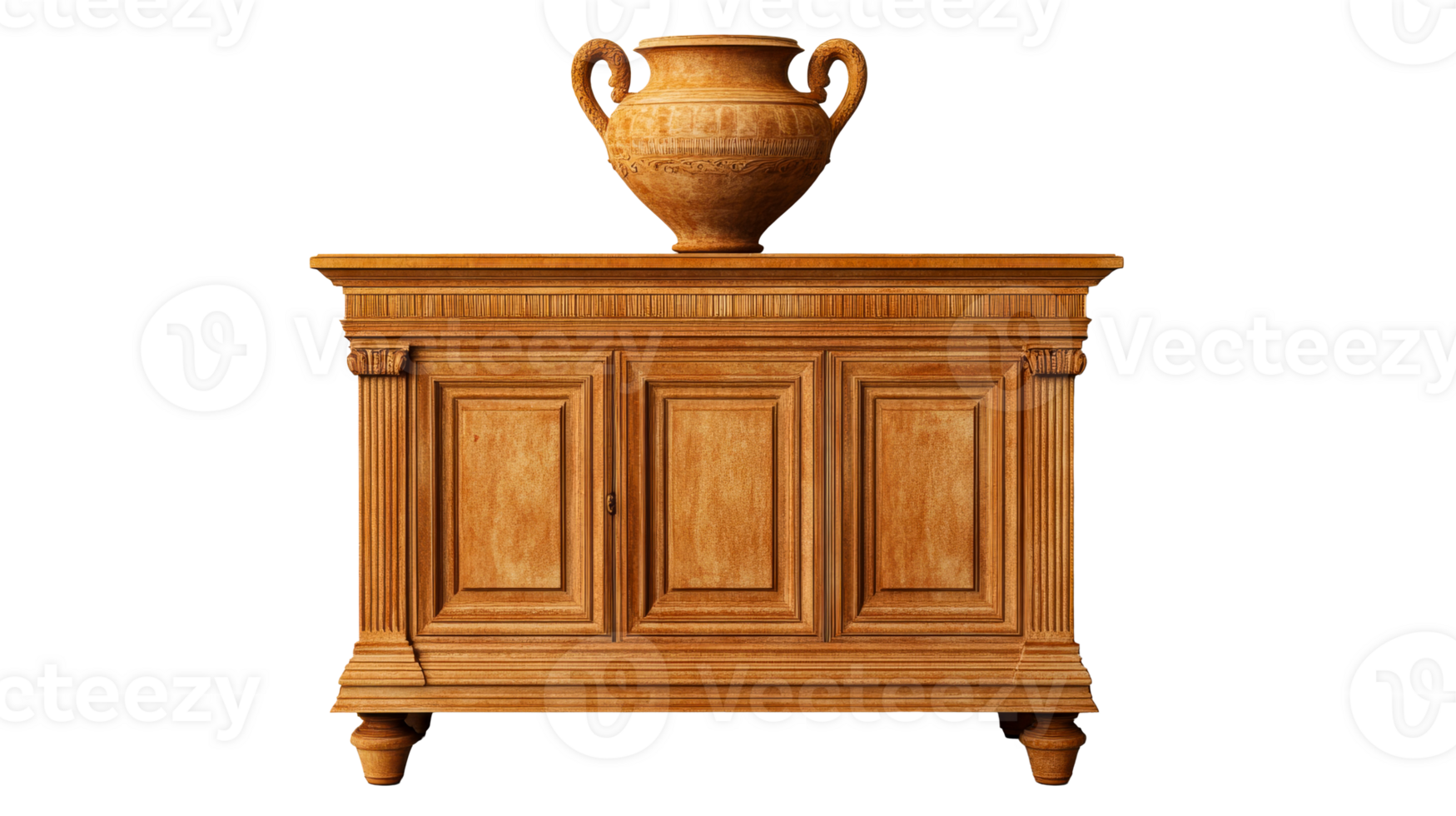 Ornate wooden cabinet with vase, isolated object, cut out transparent png